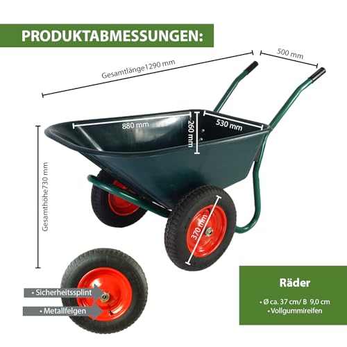 TRUTZHOLM 2-Rad Schubkarre 100 L 160 kg Gartenschubkarre mit 4 PR Lufträdern auf Stahlfelgen für Garten, BAU und Stall Schiebkarre Gartenkarre 73 cm