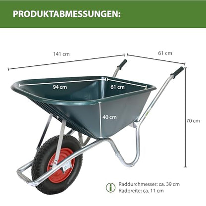 TRUTZHOLM Schubkarre 100 L Tragkraft 250 kg Kunststoffwanne leichtlaufendes Luftrad auf Stahlfelge stabile Gartenschubkarre Bauschubkarre Schiebkarre