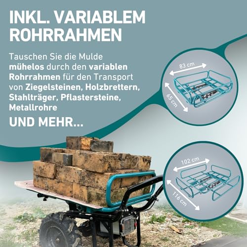 elektrische Schubkarre mit Akku I Motorschubkarre Plus ausziehbaren Rohrrahmen I Akkuschubkarre mit 100L Mulde & 260kg Traglast I 40V Li-Ion mit