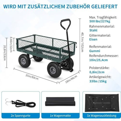 Schwerlast-Gartenwagen 500 Lbs Tragkraft – Klappbarer Utility-Wagen Mit Abnehmbaren Maschenseiten & Einsatz, 10" Pneumatikräder, Ziehgriff – Garten