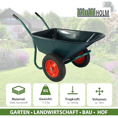 TRUTZHOLM 2-Rad Schubkarre 100 L 160 kg Gartenschubkarre mit 4 PR Lufträdern auf Stahlfelgen für Garten, BAU und Stall Schiebkarre Gartenkarre 73 cm