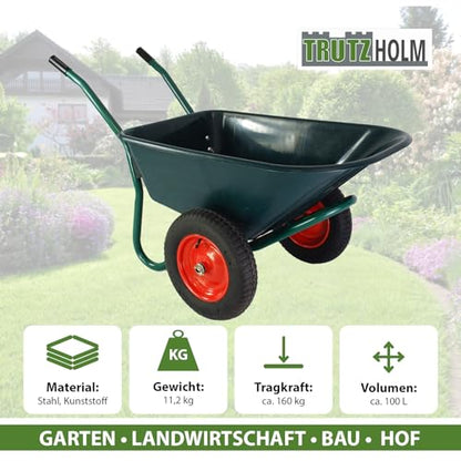 TRUTZHOLM 2-Rad Schubkarre 100 L 160 kg Gartenschubkarre mit 4 PR Lufträdern auf Stahlfelgen für Garten, BAU und Stall Schiebkarre Gartenkarre 73 cm