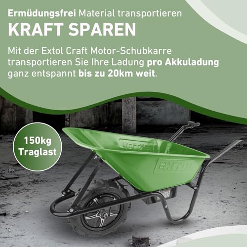 Extol Craft elektrische Schubkarre mit Akku, 500 W, 80 L Mulde & 150 kg Traglast, leistungsfähige Motorschubkarre, Offroad-taugliche Akkuschubkarre