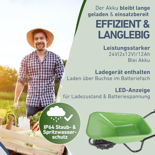 Extol Craft elektrische Schubkarre mit Akku, 500 W, 80 L Mulde & 150 kg Traglast, leistungsfähige Motorschubkarre, Offroad-taugliche Akkuschubkarre
