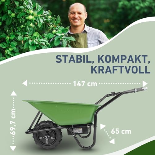 Extol Craft elektrische Schubkarre mit Akku, 500 W, 80 L Mulde & 150 kg Traglast, leistungsfähige Motorschubkarre, Offroad-taugliche Akkuschubkarre