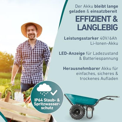 Extol Industrial Elektrische Schubkarre mit Akku I 100L Mulde I 260kg Traglast I 500W I 40V Li-ion mit 6000mAh
