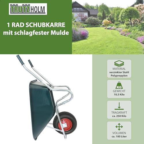 TRUTZHOLM Schubkarre 100 L Tragkraft 250 kg Kunststoffwanne leichtlaufendes Luftrad auf Stahlfelge stabile Gartenschubkarre Bauschubkarre Schiebkarre