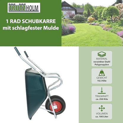 TRUTZHOLM Schubkarre 100 L Tragkraft 250 kg Kunststoffwanne leichtlaufendes Luftrad auf Stahlfelge stabile Gartenschubkarre Bauschubkarre Schiebkarre