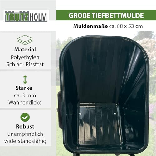 TRUTZHOLM 2-Rad Schubkarre 100 L 160 kg Gartenschubkarre mit 4 PR Lufträdern auf Stahlfelgen für Garten, BAU und Stall Schiebkarre Gartenkarre 73 cm