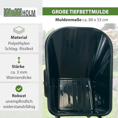TRUTZHOLM 2-Rad Schubkarre 100 L 160 kg Gartenschubkarre mit 4 PR Lufträdern auf Stahlfelgen für Garten, BAU und Stall Schiebkarre Gartenkarre 73 cm