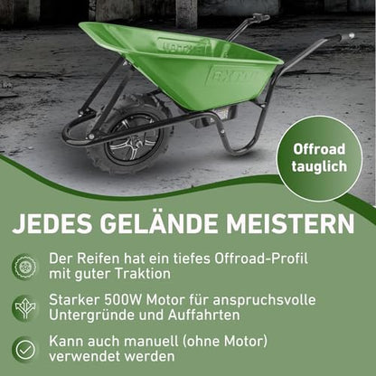 Extol Craft elektrische Schubkarre mit Akku, 500 W, 80 L Mulde & 150 kg Traglast, leistungsfähige Motorschubkarre, Offroad-taugliche Akkuschubkarre