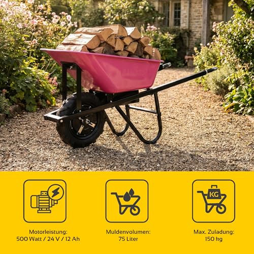 BAMATO elektrische Schubkarre MTR-155 | Pink Edition | 150kg Traglast | Stufenlos bis 6,0 km/h vorwärts | 75L Muldenvolumen | Muldenschubkarre