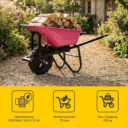 BAMATO elektrische Schubkarre MTR-155 | Pink Edition | 150kg Traglast | Stufenlos bis 6,0 km/h vorwärts | 75L Muldenvolumen | Muldenschubkarre