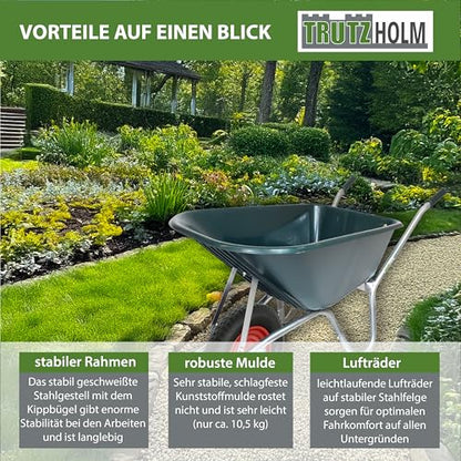 TRUTZHOLM Schubkarre 100 L Tragkraft 250 kg Kunststoffwanne leichtlaufendes Luftrad auf Stahlfelge stabile Gartenschubkarre Bauschubkarre Schiebkarre