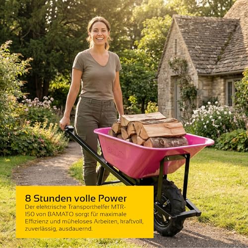BAMATO elektrische Schubkarre MTR-155 | Pink Edition | 150kg Traglast | Stufenlos bis 6,0 km/h vorwärts | 75L Muldenvolumen | Muldenschubkarre
